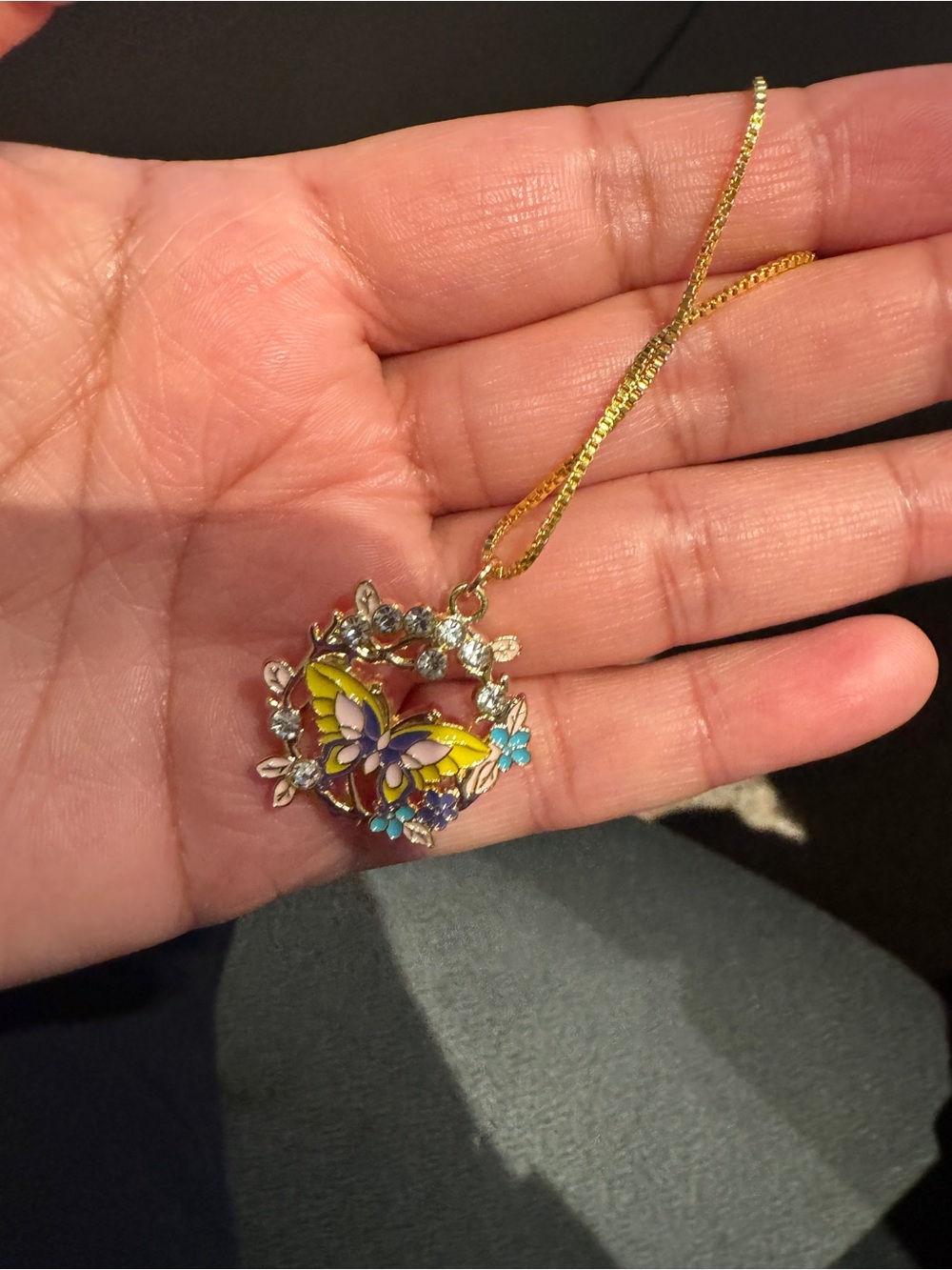 Butterfly Pendant 18k good plated Necklace with Yellow and Pink Enamel - Picture 7 of 8